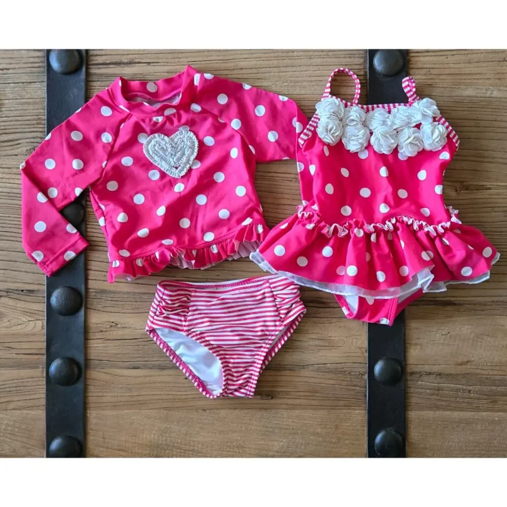 Little Me Pink Polkadot and Stripe Rashguard Bikini sz 6-9.